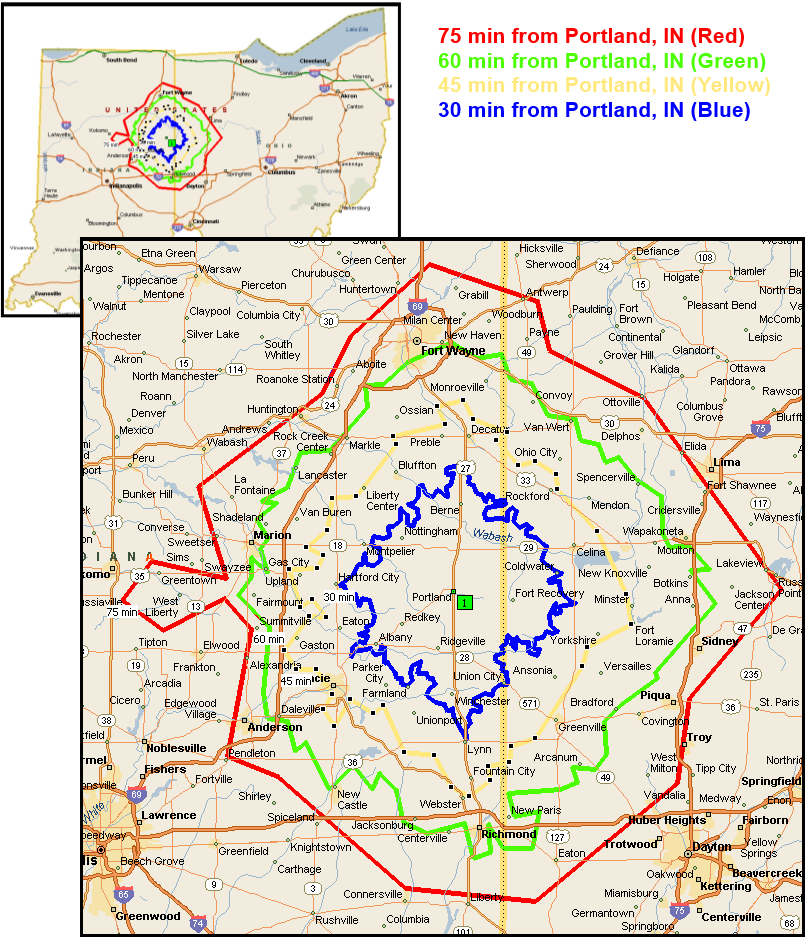 Distance Map From Portland, IN